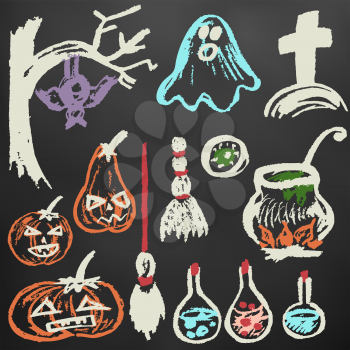 Halloween. A set of funny objects. Color chalk on a blackboard. Collection of festive elements. Autumn holidays. Ghost, pumpkin, eye, potion, cemetery, cauldron, broom, tree, bat