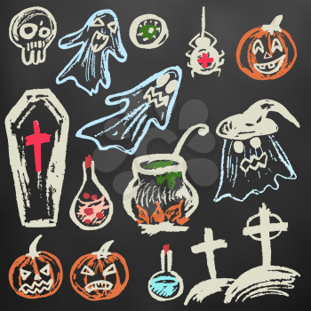 Halloween. A set of funny objects. Color chalk on a blackboard. Collection of festive elements. Autumn holidays. Ghosts, pumpkins, eyes, coffin, potion, skull, spider, cemetery, cauldron