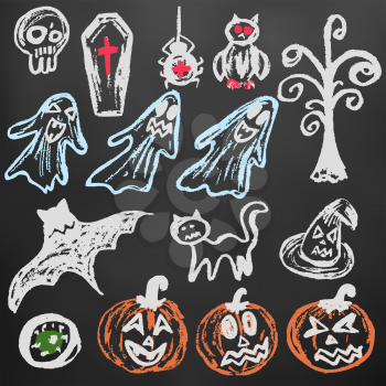 Halloween. A set of funny objects. Color chalk on a blackboard. Collection of festive elements. Autumn holidays. Pumpkin, eye, coffin, tree, bat, spider, cat, witch hat, owl, skull, ghosts