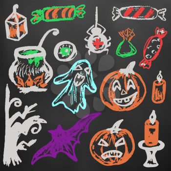 Halloween. A set of funny objects. Color chalk on a blackboard. Collection of festive elements. Autumn holidays. Pumpkin, ghost, spider, candy, eye, cauldron, wood, bat, candle