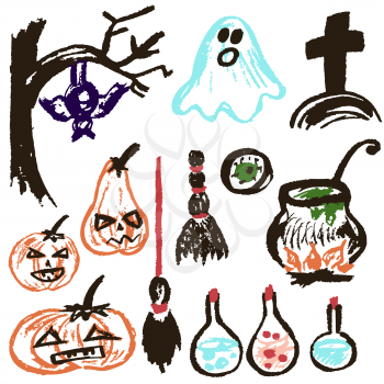 Halloween. A set of funny objects. Vector illustration. Collection of festive elements. Autumn holidays. Ghost, pumpkin, eye, potion, cemetery, cauldron, broom, tree, bat