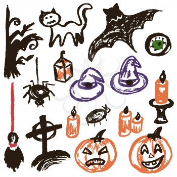 Halloween. A set of funny objects. Vector illustration. Collection of festive elements. Autumn holidays. Pumpkin, eye, cemetery, broom, tree, bat, candle, spider, cat, witch hat