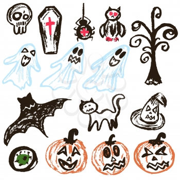 Halloween. A set of funny objects. Vector illustration. Collection of festive elements. Autumn holidays. Pumpkin, eye, coffin, tree, bat, spider, cat, witch hat, owl, skull, ghosts