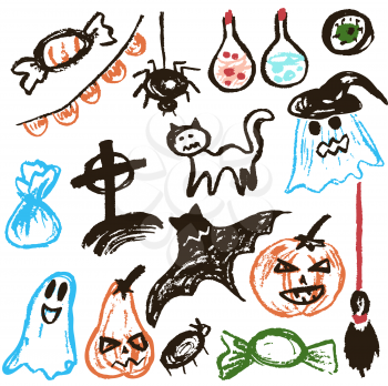 Halloween. A set of funny objects. Vector illustration. Collection of festive elements. Autumn holidays. Pumpkin, ghost, spider, candy, eye, bat, broom, flags, potion, cat, cemetery