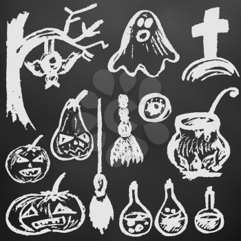 Halloween. A set of funny objects. White chalk on a blackboard. Collection of festive elements. Autumn holidays. Ghost, pumpkin, eye, potion, cemetery, cauldron, broom, tree, bat