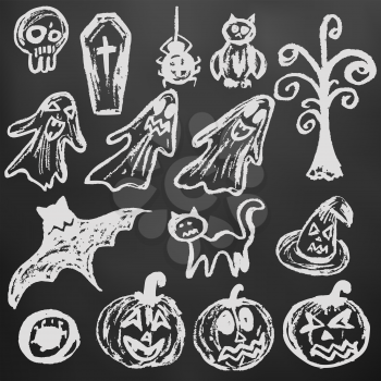 Halloween. A set of funny objects. White chalk on a blackboard. Collection of festive elements. Autumn holidays. Pumpkin, eye, coffin, tree, bat, spider, cat, witch hat, owl, skull, ghosts