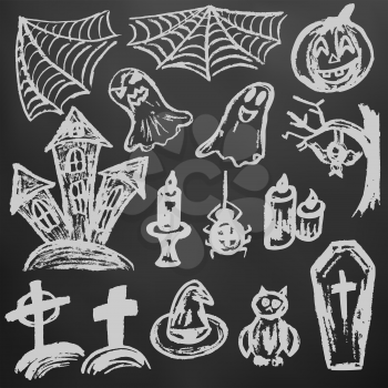 Halloween. A set of funny objects. White chalk on a blackboard. Collection of festive elements. Autumn holidays. Pumpkin, spider web, ghosts, sinister castle, candle, owl, coffin, cemetery, tree, bat, spider