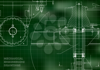 Blueprints. Engineering backgrounds. Mechanical engineering drawings. Cover. Banner. Technical Design. Green. Grid