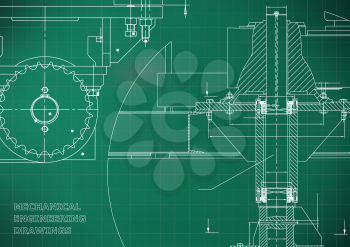 Blueprints. Engineering backgrounds. Mechanical engineering drawings. Cover. Banner. Technical Design. Light green. Grid