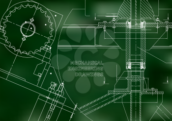 Blueprints. Mechanical construction. Technical Design. Engineering illustrations. Banner. Green
