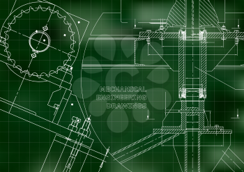 Blueprints. Mechanical construction. Technical Design. Engineering illustrations. Banner. Green. Grid