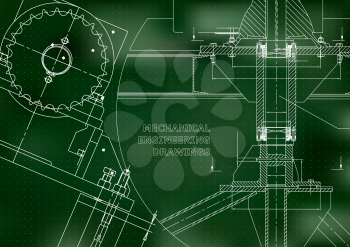 Blueprints. Mechanical construction. Technical Design. Engineering illustrations. Banner. Green. Points