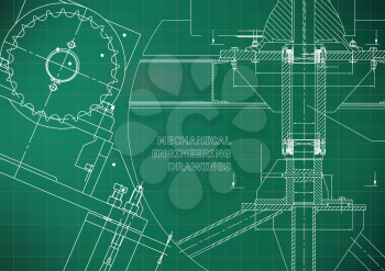 Blueprints. Mechanical construction. Technical Design. Engineering illustrations. Banner. Light green. Grid