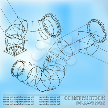 Drawings of steel structures. Pipes and pipe. 3d blueprint of steel structures. Background for your design. Blue