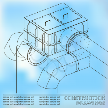 Drawings of steel structures. Pipes and pipe. 3d blueprint of steel structures. Blue