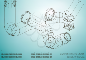 Drawings of structures. Pipes and pipe. 3d blueprint of steel structures. Cover, background for your design. Blue