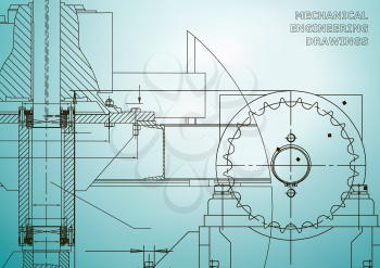 Engineering illustrations. Blueprints. Mechanical drawings. Technical Design. Banner. Light blue
