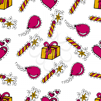 Kids, Cartoon seamless pattern. Lovely pictures for your creativity. Skarpbuking. Textiles, cartoon background. Celebratory background. Gifts, balloons, firecrackers