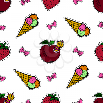 Kids, Cartoon seamless pattern. Lovely pictures for your creativity. Skarpbuking. Textiles, cartoon background. Ice cream, strawberries, apple with caterpillar, bows