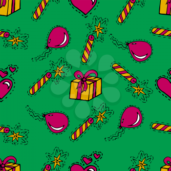 Kids, Cartoon seamless pattern. Skarpbuking. Textiles, green cartoon background. Celebratory background. Gifts, balloons, firecrackers
