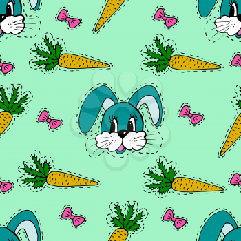 Kids, Cartoon seamless pattern. Skarpbuking. Textiles, green cartoon background. Hare, rabbit, carrot, bows