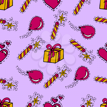 Kids, Cartoon seamless pattern. Skarpbuking. Textiles, purple cartoon background. Celebratory background. Gifts, balloons, firecrackers