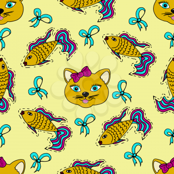 Kids, Cartoon seamless pattern. Skarpbuking. Textiles, yellow cartoon background. Cat, kitty, fish, goldfish, bows