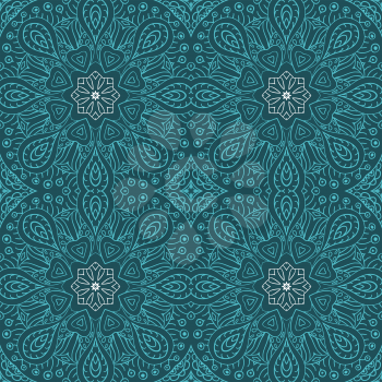 Mandala doodle drawing. seamless ornament. Ethnic motives. Hearts Blue