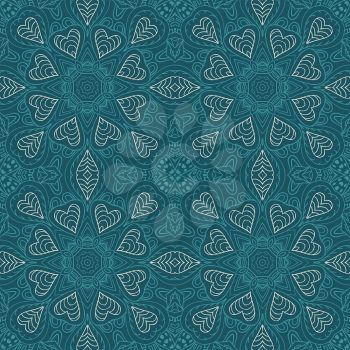 Mandala doodle drawing. seamless ornament. Ethnic motives. Zentangl Hearts. Blue