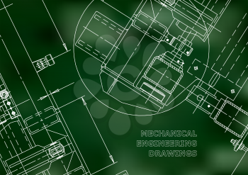 Mechanical Engineering drawing. Blueprints. Mechanics. Cover, background, banner. Green