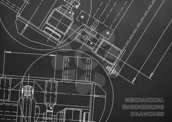Mechanical Engineering drawing. Blueprints. Mechanics. Cover. Engineering design. Black