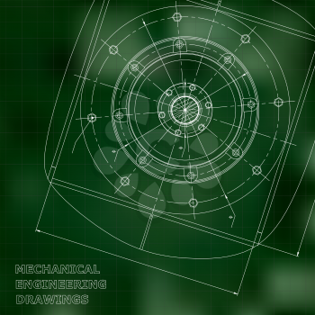 Mechanical engineering drawings. Engineering illustration. Vector. Green. Grid