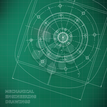 Mechanical engineering drawings. Engineering illustration. Vector. Light green. Grid