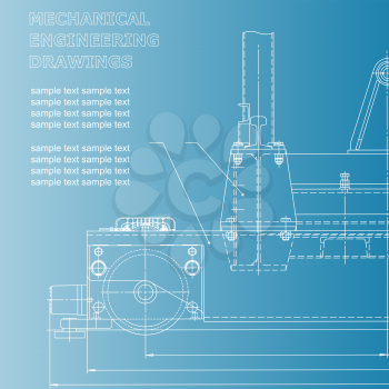 Mechanical engineering drawings on a blue and white background