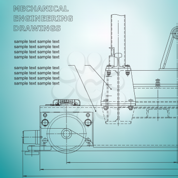 Mechanical engineering drawings on a light blue background