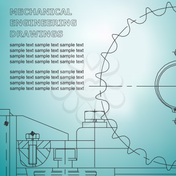Mechanical engineering drawings on a light blue background. Vector