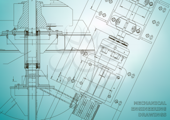 Mechanical engineering drawings. Technical Design. Blueprints. Light blue