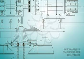 Mechanical engineering drawings. Technical Design. Engineering backgrounds. Blueprints. Light blue