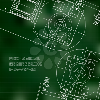 Mechanical engineering the drawing. Technical illustrations. The drawing for technical design. Cover, banner. Green. Grid
