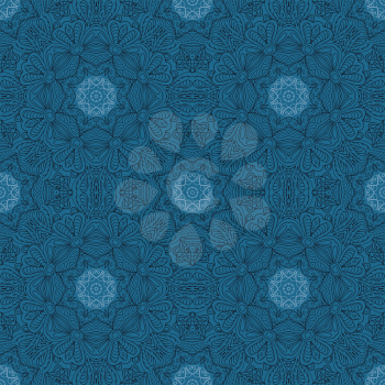 Seamless floral ethnic motives. Mandala Blue. Zentangl relaxation. Hand drawn
