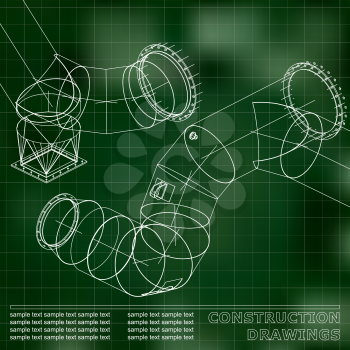 Green background. Grid. Drawings of steel structures. Pipes and pipe. 3d blueprint of steel structures. Background for your design