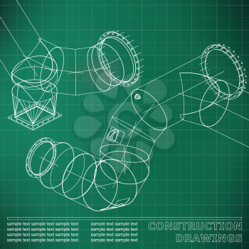 Light green background. Grid. Drawings of steel structures. Pipes and pipe. 3d blueprint of steel structures. Background for your design