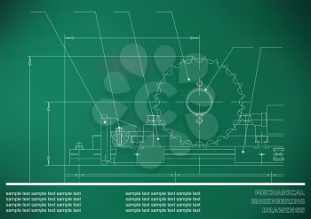 Mechanical drawings. Engineering illustration background. Light green