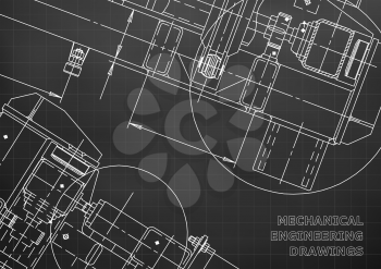 Mechanical Engineering drawing. Blueprints. Mechanics. Cover, background. Black. Grid