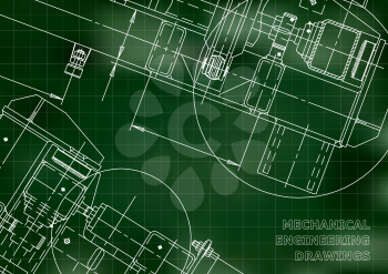 Mechanical Engineering drawing. Blueprints. Mechanics. Cover, background. Green. Grid