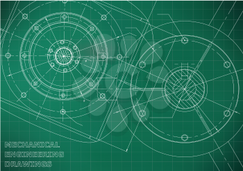 Mechanical engineering drawings. Vector background. Light green. Grid