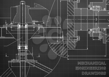 Mechanical engineering. Technical illustration. Backgrounds of engineering subjects. Technical design. Instrument making. Cover, banner, flyer. Black background. Grid