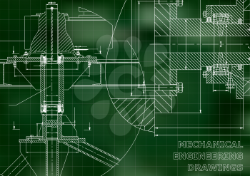 Mechanical engineering. Technical illustration. Backgrounds of engineering subjects. Technical design. Instrument making. Cover, banner, flyer. Green background. Grid