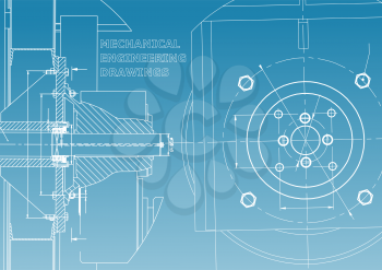 Technical illustration. Mechanical engineering. Backgrounds of engineering subjects. Blue and white