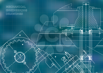 Blueprints. Mechanical drawings. Engineering illustrations. Technical Design. Banner. Blue background. Grid